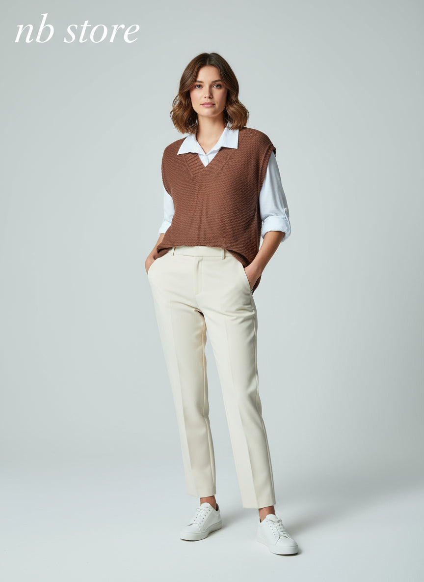 gilet di lana marrone - grigio - bordeaux  con camicia bianca a maniche lunghe