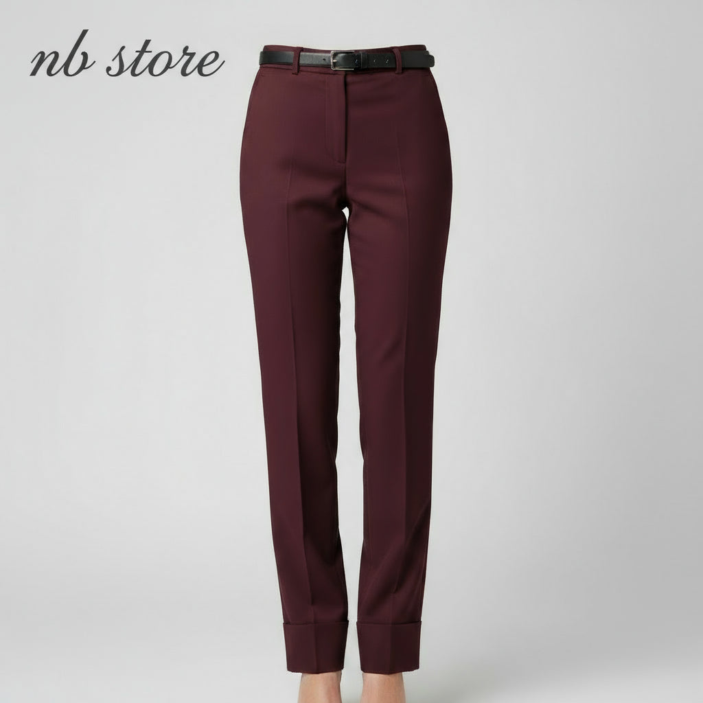 pantalone bordeaux con cinta nera in pelle