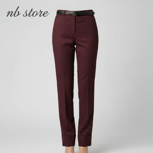 pantalone bordeaux con cinta nera in pelle