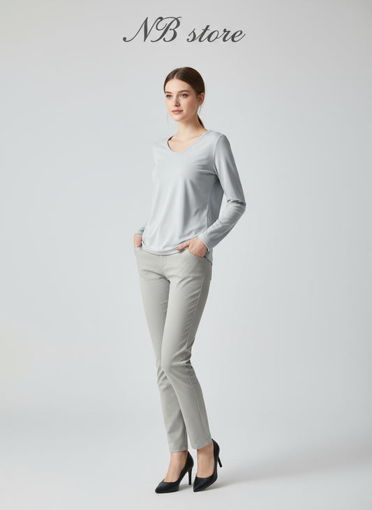 maglia a maniche lunghe grigio chiaro scollo a v