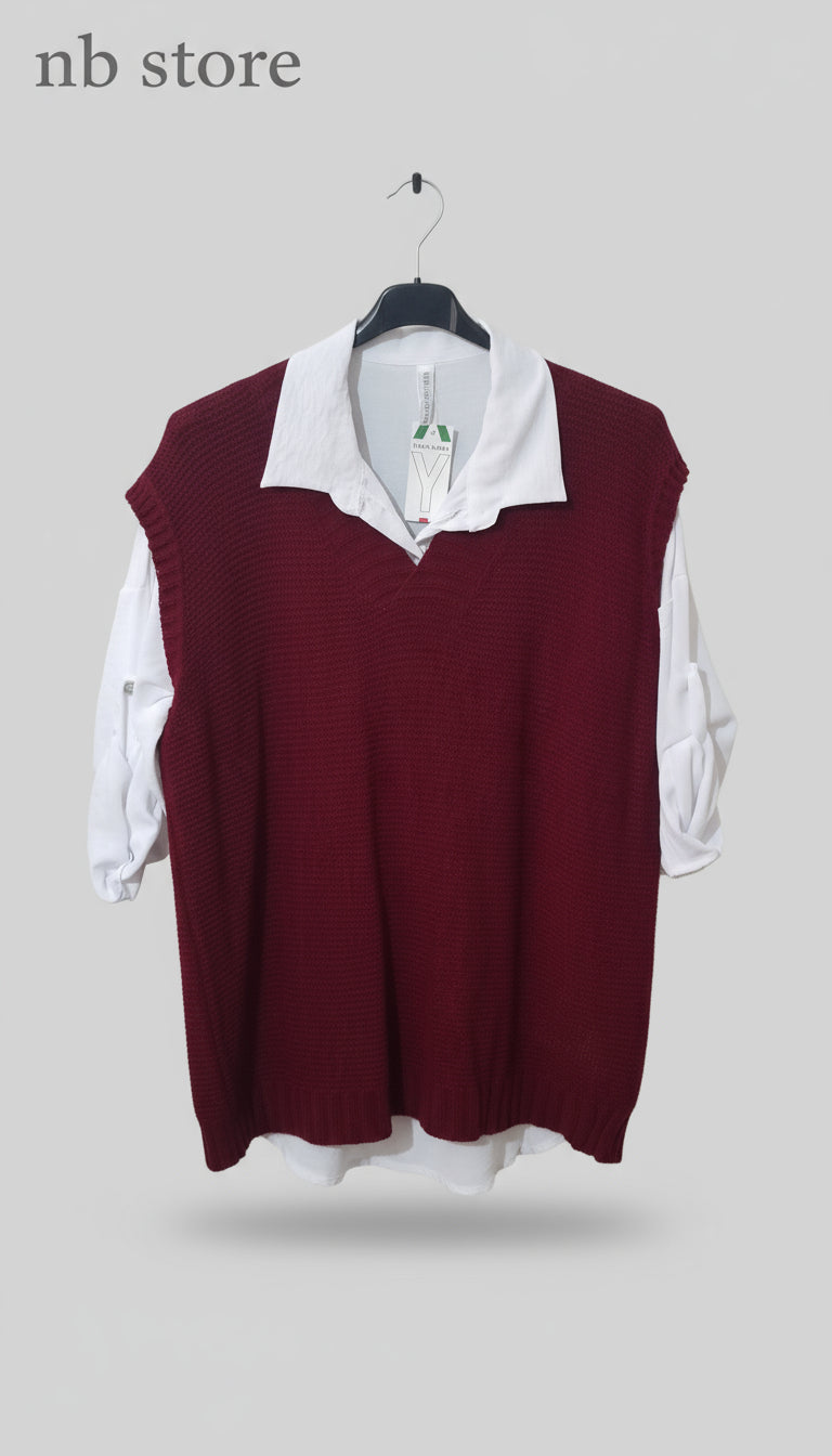 gilet di lana marrone - grigio - bordeaux  con camicia bianca a maniche lunghe