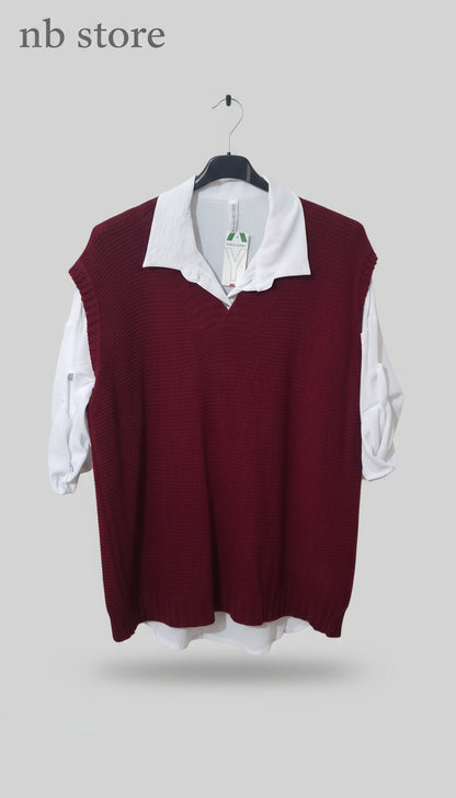 gilet di lana marrone - grigio - bordeaux  con camicia bianca a maniche lunghe